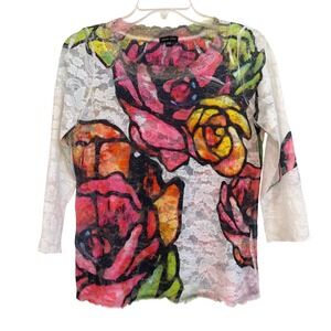 David Cline W Stained Glass Floral Lace 3/4 Sleeve Top Multi Color Rose Print PM